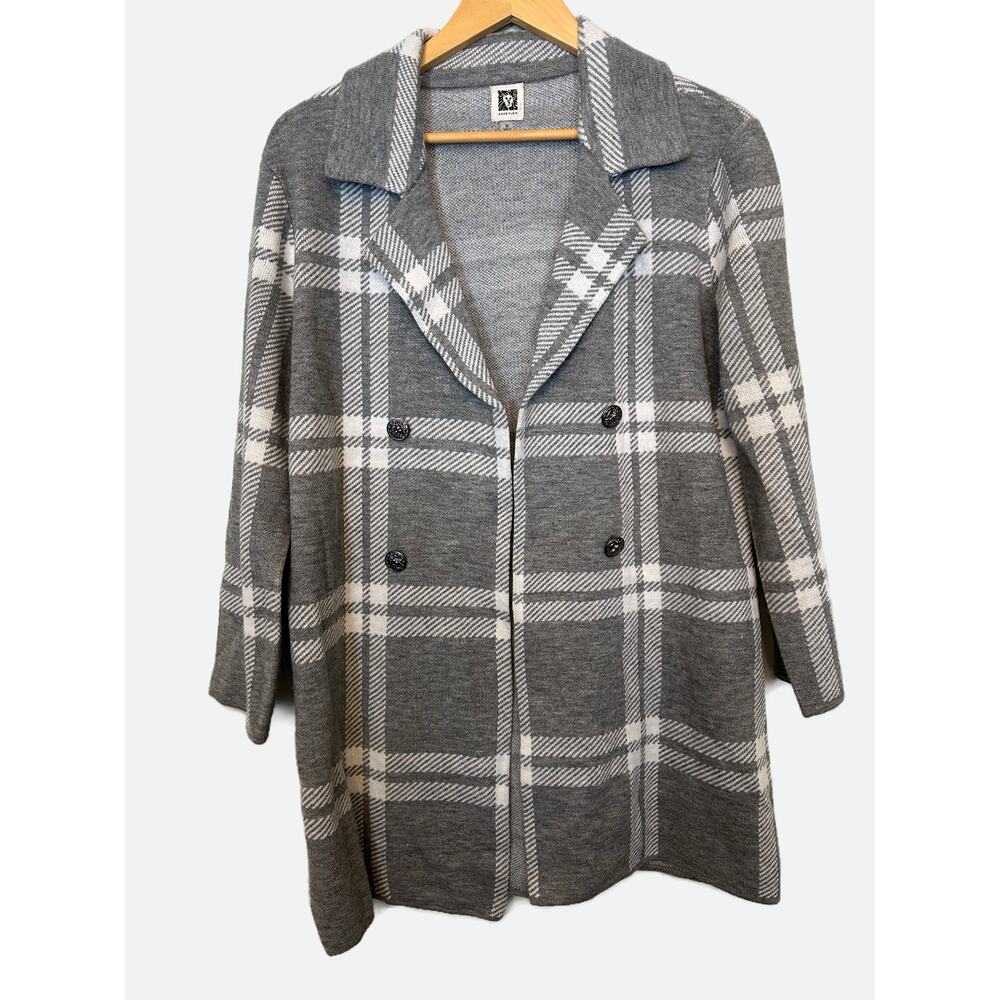 Anne Klein Gray & White Plaid Sweater Jacket Double Breasted Open Front Women M
